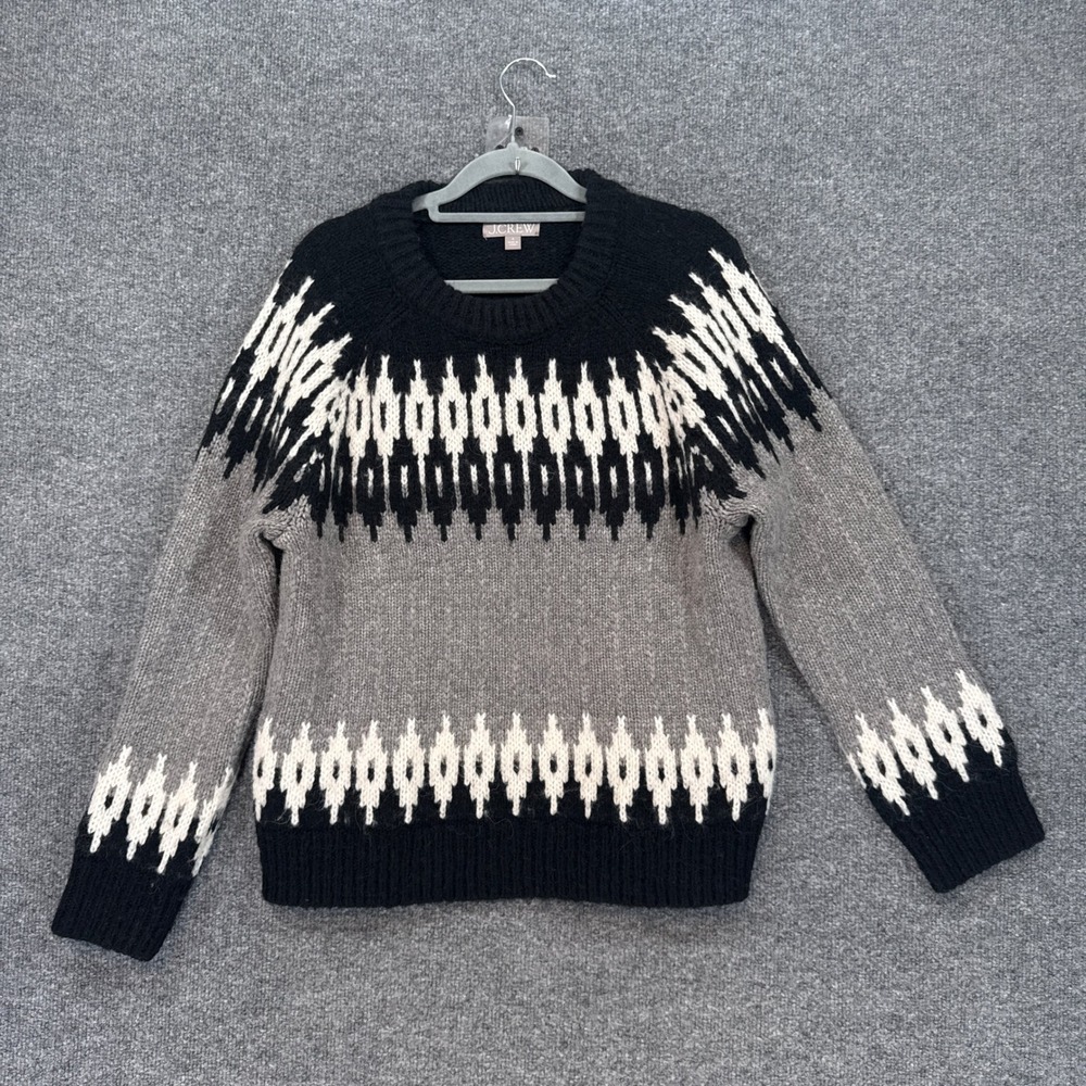 J.Crew Fair Isle Sweater Womens Small Gray Black White Wool Alpaca Blend Knit